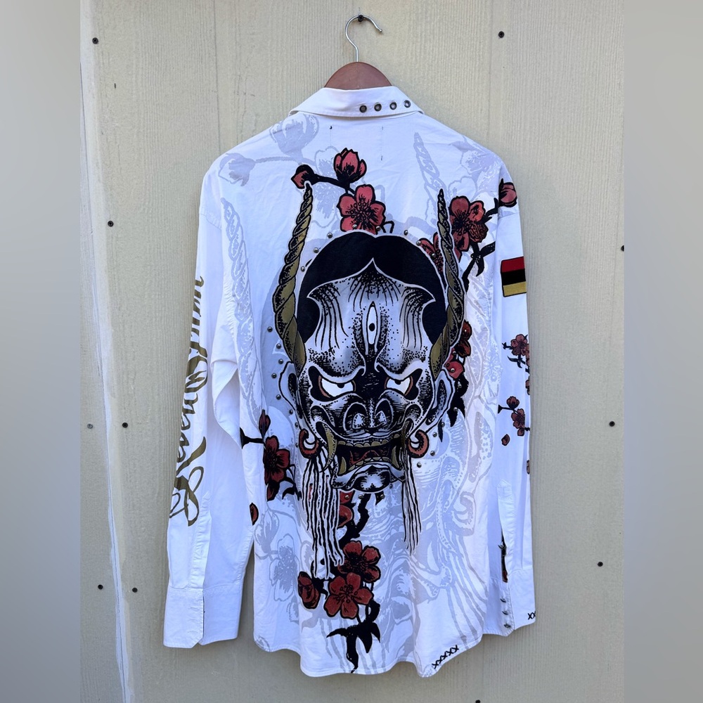 Rebel Spirit Royal Way Shirt with Black Demon Mask & Red Floral Accents Size XXL